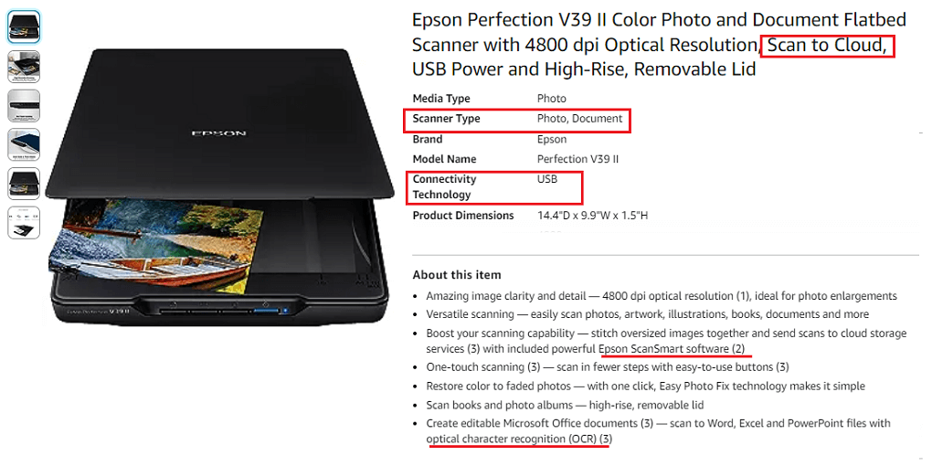 1. Epson Perfection V39 II Flatbed Scanner