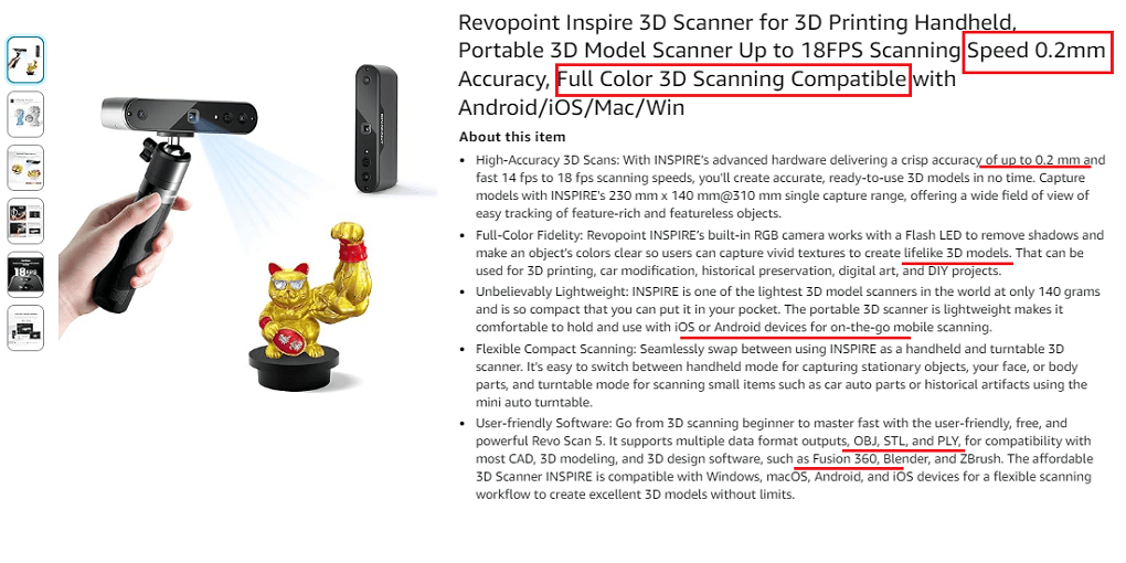 10. Revopoint Inspire 3D Scanner for 3D Printing Handheld