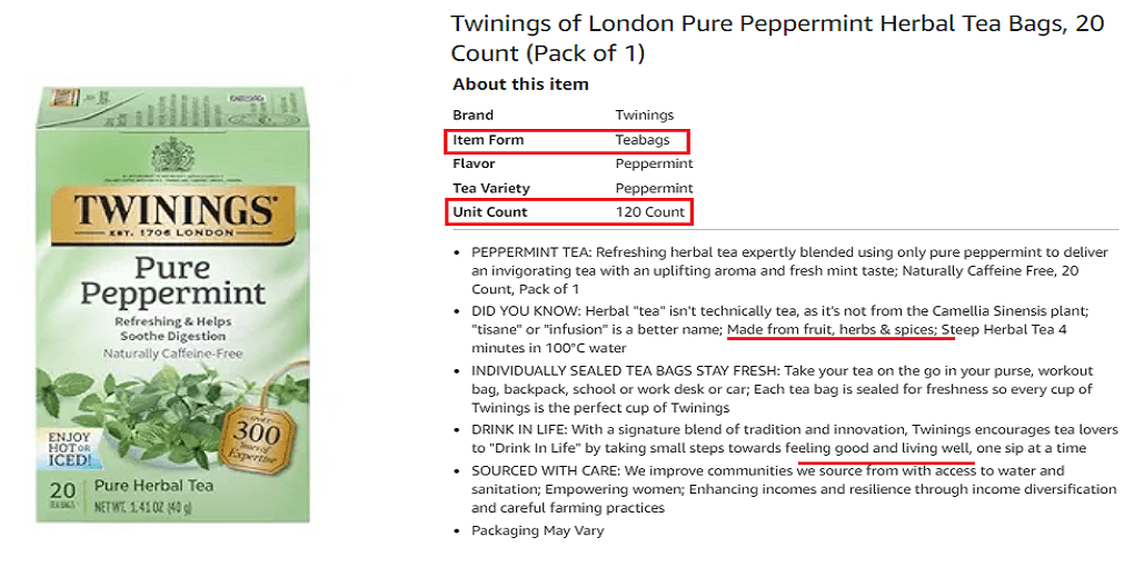 10. Twinings of London Pure Peppermint Herbal Tea Bags
