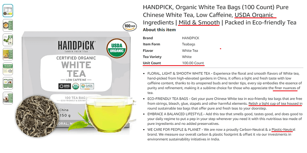 16. HANDPICK, Organic White Tea Bags