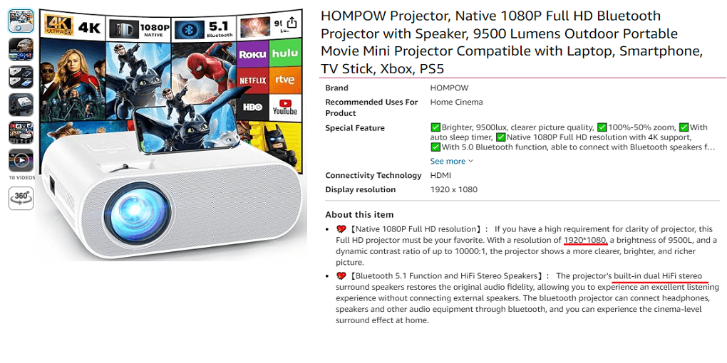 18. HOMPOW 1080P Full HD Bluetooth Projector with Speaker