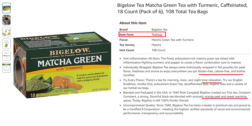 2. Bigelow Tea Matcha Green Tea with Turmeric and Caffeinated