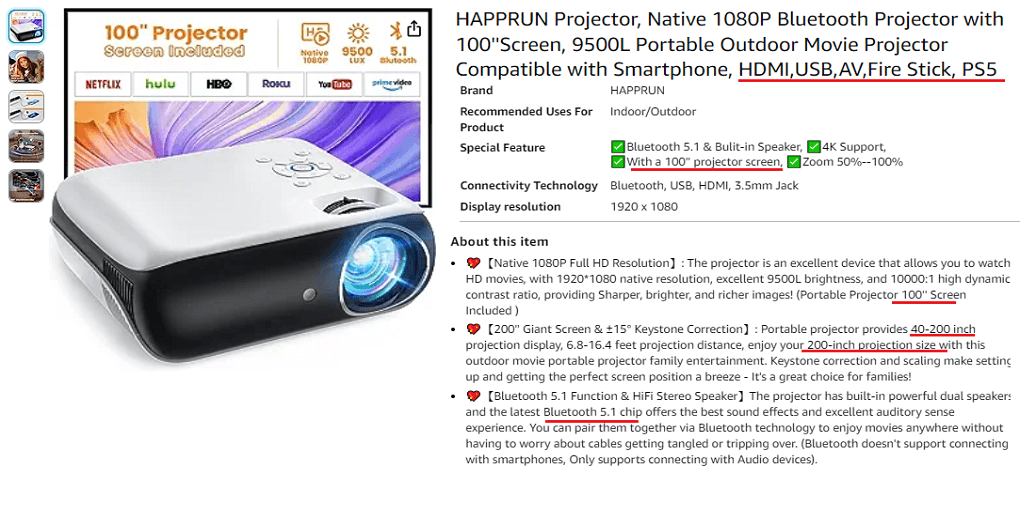2. HAPPRUN Native 1080P Bluetooth Projector