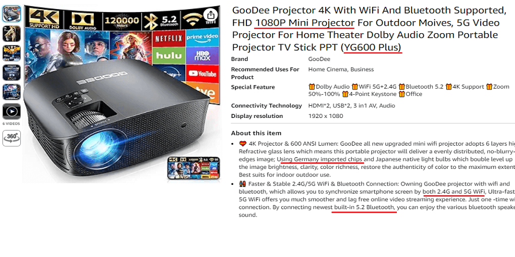 6. GooDee Projector 4K WiFi Supported