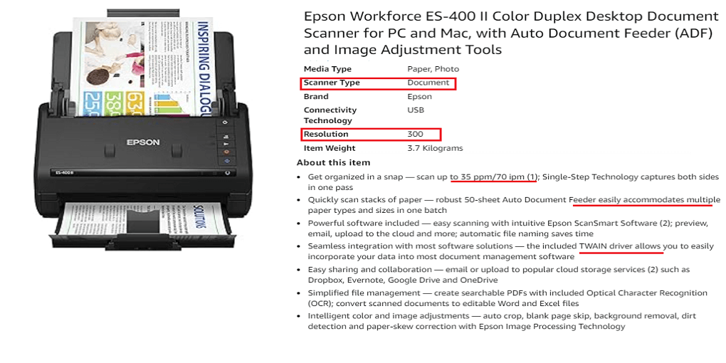 6.Epson Workforce ES-400 II Duplex Document Scanner