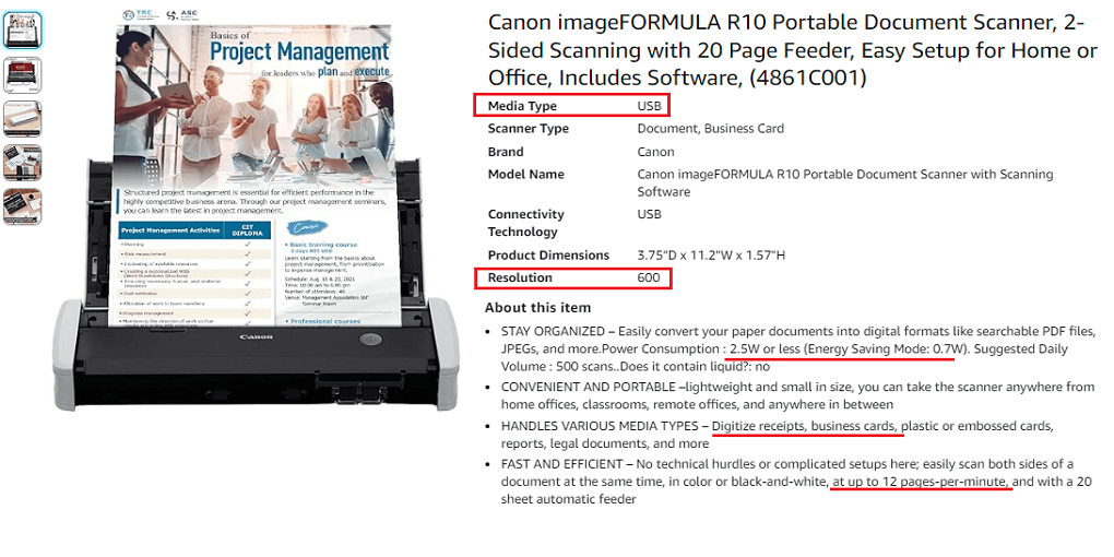 7. Canon imageFORMULA R10 Portable Document Scanner