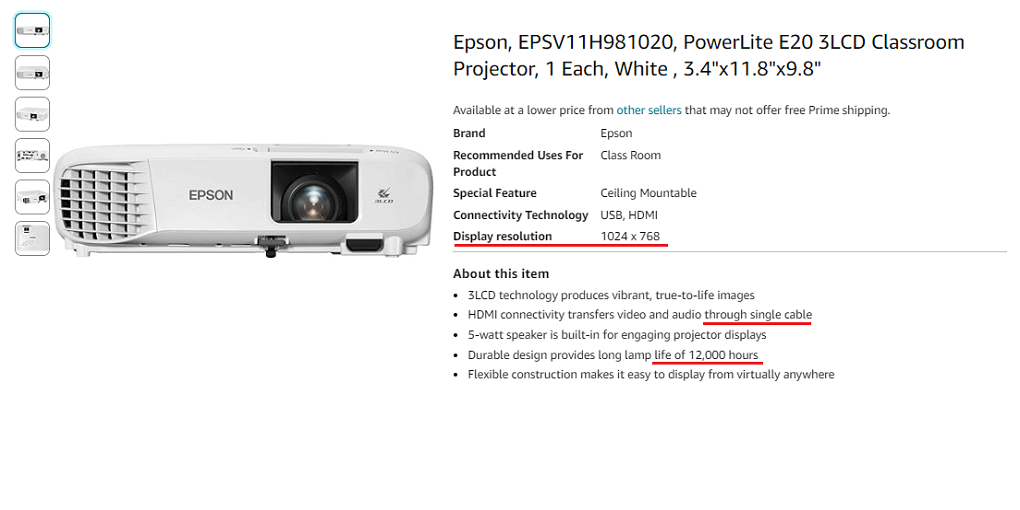 7. Epson EPSV11H981020 Classroom Projector
