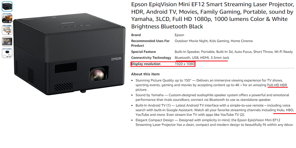 9. Epson EpiqVision Mini EF12 Smart Streaming Laser Projector