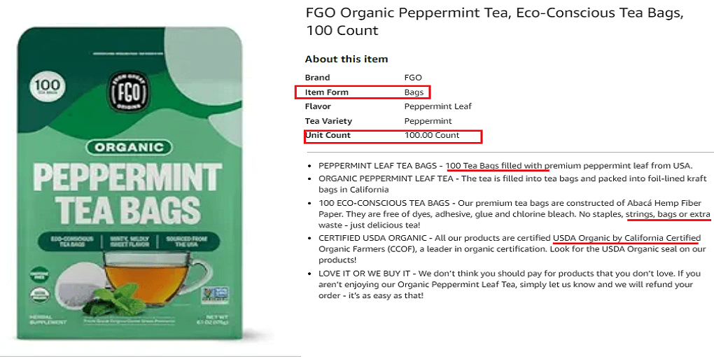 9. FGO Organic Peppermint Tea, Eco-Conscious Tea Bags